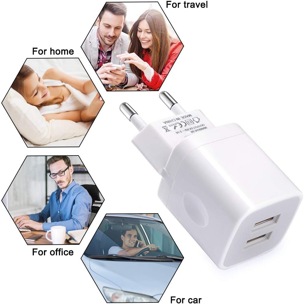 European Wall Charger, 2-Pack USB 2.1AMP Universal Europe Charger Block Dual Port Plug Compatible for Iphone 16 15 14 13 12 11 Pro Max XS XR X SE 8 7 6 Plus,Samsung S24 S23 A15,Note 20,Lg,Moto