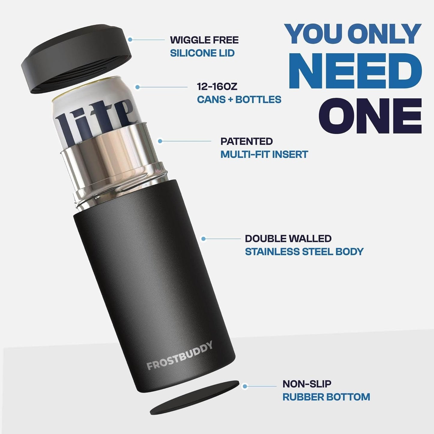 Universal Buddy Can Cooler - Fits All - for Regular 12 & 16 Oz or Slim-Size Bottles - Insulated Double-Walled Stainless Steel (Augusta)