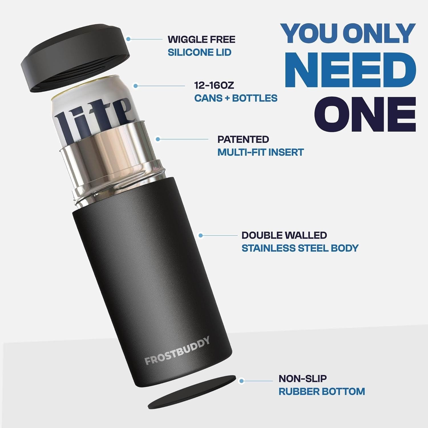 Universal Buddy Can Cooler - Fits All - for Regular 12 & 16 Oz or Slim-Size Bottles - Insulated Double-Walled Stainless Steel (Augusta)