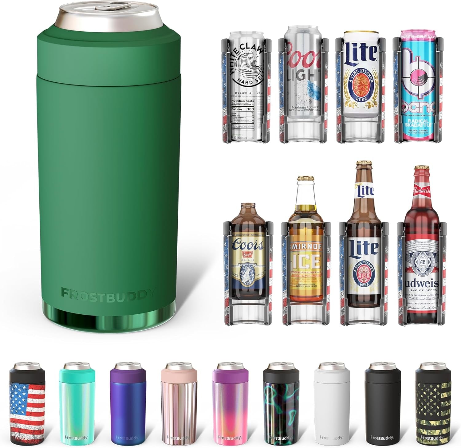 Universal Buddy Can Cooler - Fits All - for Regular 12 & 16 Oz or Slim-Size Bottles - Insulated Double-Walled Stainless Steel (Augusta)