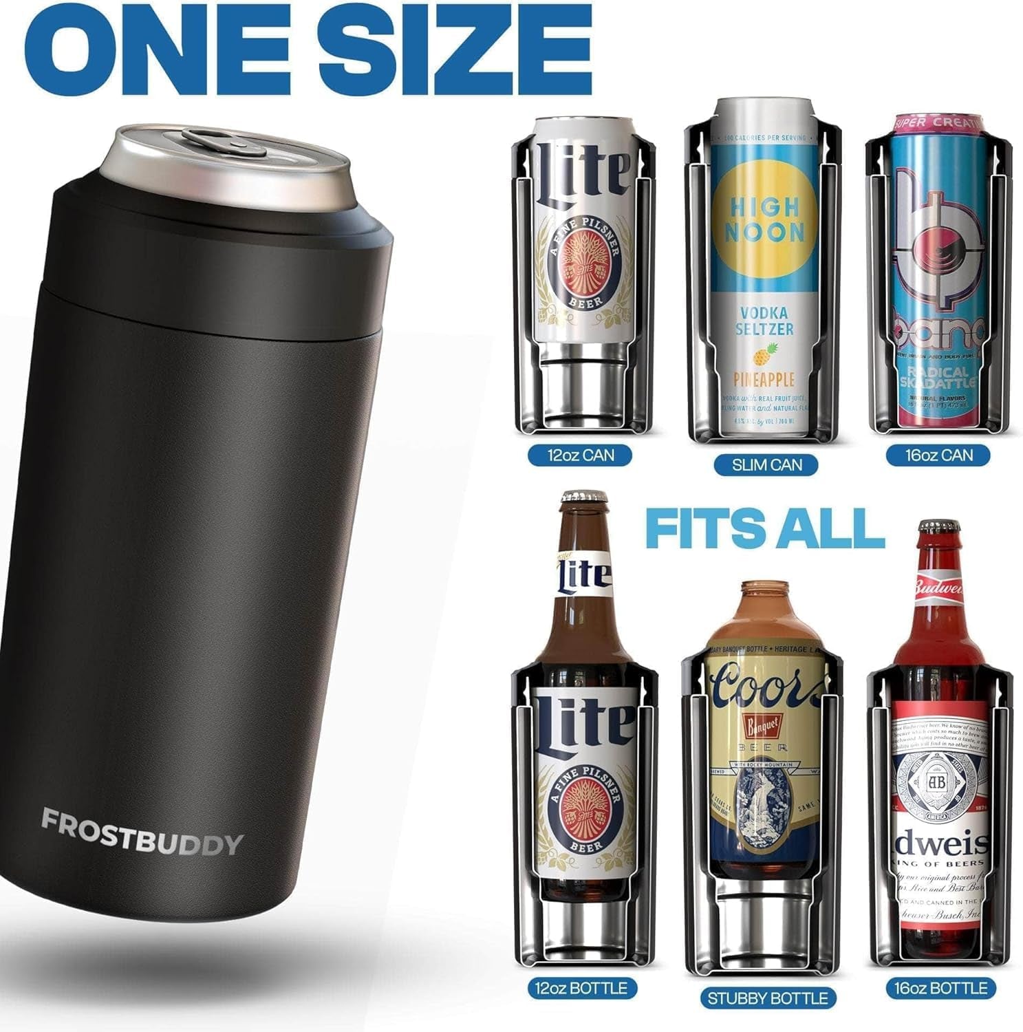 Universal Buddy Can Cooler - Fits All - for Regular 12 & 16 Oz or Slim-Size Bottles - Insulated Double-Walled Stainless Steel (Augusta)
