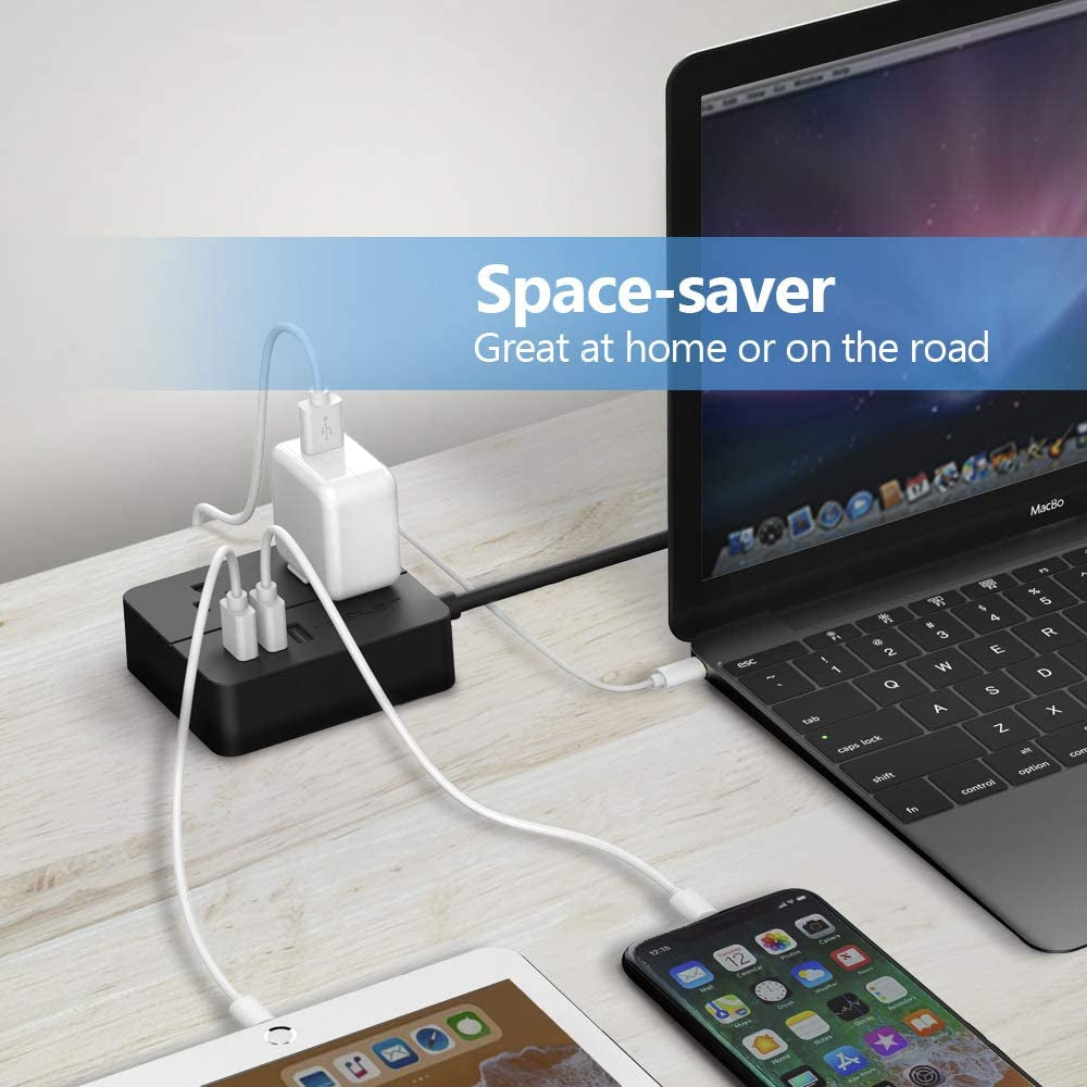 USB Power Strip  Power Strip with 3 USB, Power Strip Surge Protector, 2 AC Outlet Strip, USB Charging Station with 3.94Ft Extension Cord, Mini Power Cord for Home, Office, Dorm, Travel (Black)