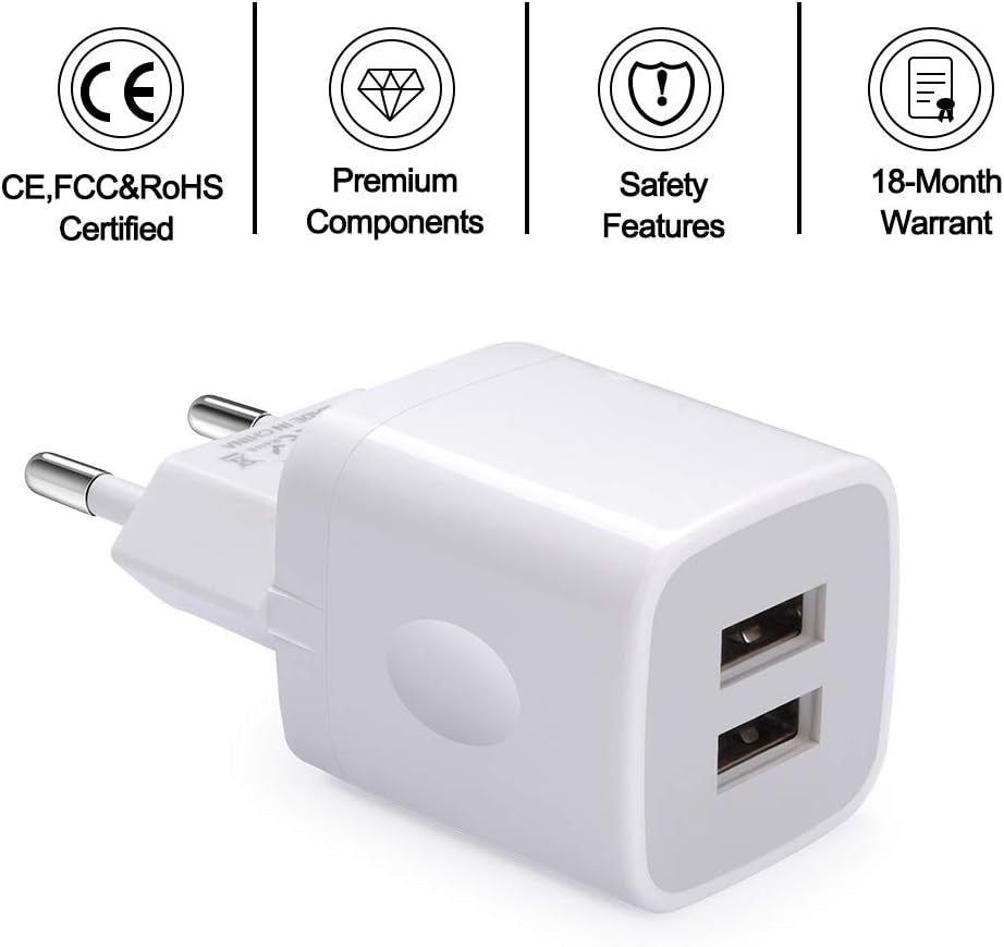 European Wall Charger,  2-Pack USB 2.1AMP Universal Europe Charger Block Dual Port Plug Compatible for Iphone 16 15 14 13 12 11 Pro Max XS XR X SE 8 7 6 Plus,Samsung S24 S23 A15,Note 20,Lg,Moto