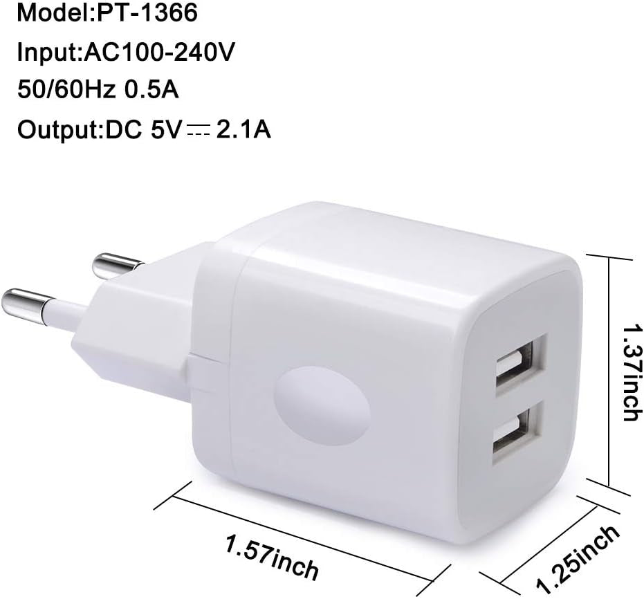 European Wall Charger,  2-Pack USB 2.1AMP Universal Europe Charger Block Dual Port Plug Compatible for Iphone 16 15 14 13 12 11 Pro Max XS XR X SE 8 7 6 Plus,Samsung S24 S23 A15,Note 20,Lg,Moto
